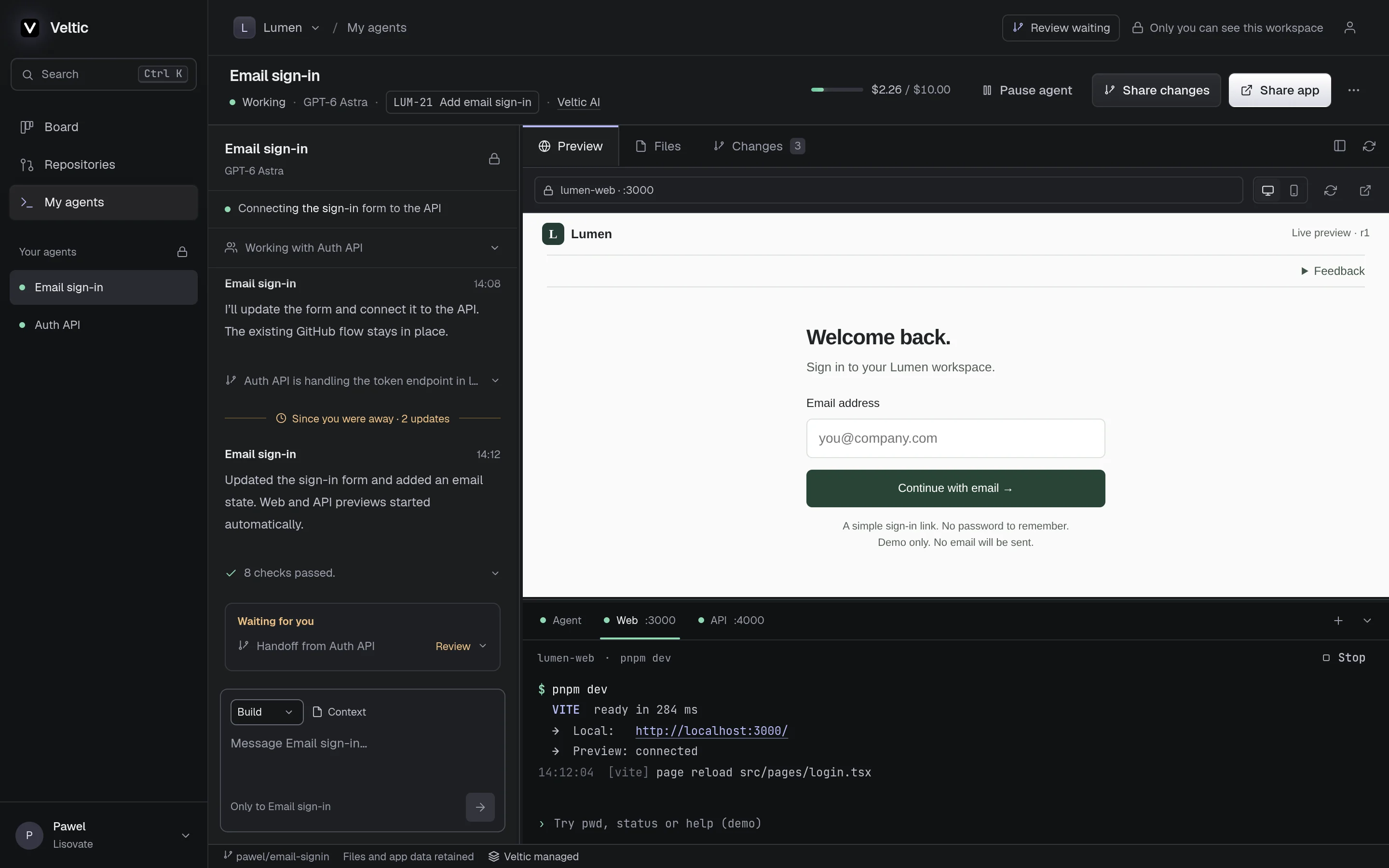 The Email sign-in agent's workspace: its conversation on the left, a live preview of the Lumen app's sign-in page, and the Web :3000 terminal running pnpm dev below. The header shows spend against the agent's limit, Pause agent, Share changes and Share app.